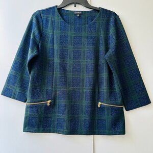 TalbotsBlue & Green Plaid Crew Neck 3/4 Sleeve Zip Faux Pockets Blouse Size MP